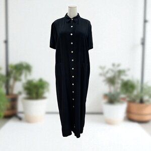 Annex Black Linen Rayon Button Front Midi Dress Size 16W Vintage Minimalist